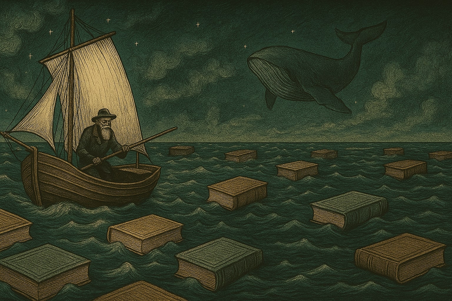 sailor on a boat in a sea of books